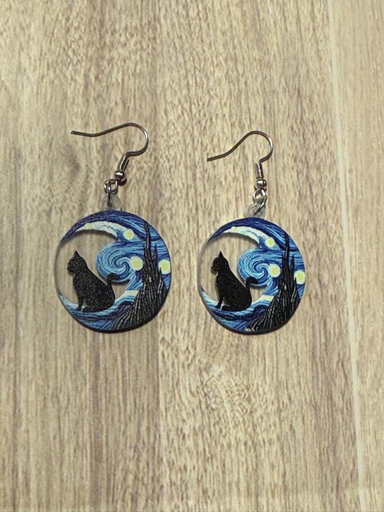 Jewelry - Starry Night Cat Dangle Earrings